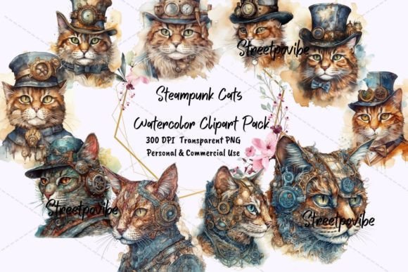 Animal Cats Steampunk Clipart PNG Art: A Unique Design Resource for Creative Projects