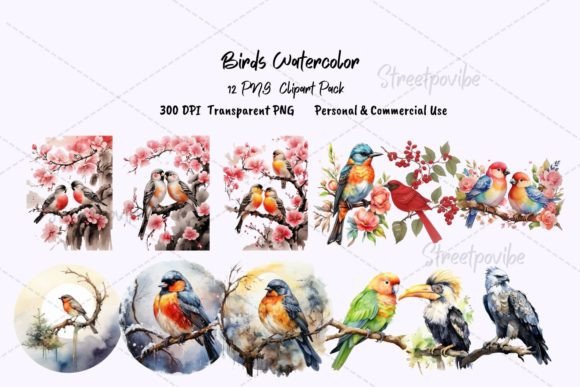 Bird Watercolor Clipart PNG Pack for Digital Projects