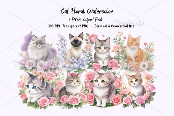 Cat Floral Watercolor Clipart PNG Pack for Creative Projects