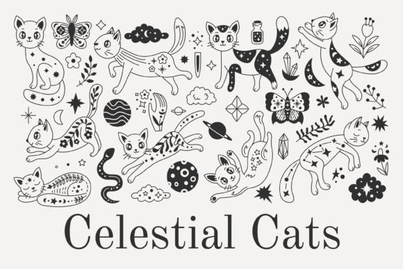 Celestial Cats: Whimsical Vector Illustrations for a Magical Touch in Modern Design