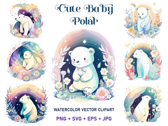 Cute Polar Bear Floral Watercolor SVG