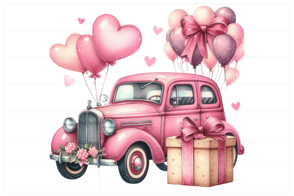 Pink Car with Large Gift and Heart Balloons: A Playful Symbol for Romantic Occasions