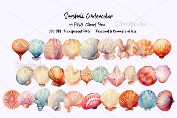 Seashell Watercolor Clipart PNG Pack Dig