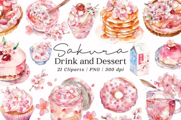 Spring Sakura Drink Dessert Watercolor: A Creative Design Resource