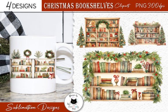 Watercolor Christmas Bookshelf Clipart for Creative Projects