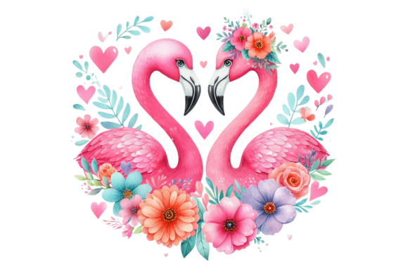 Watercolor Flamingo Valentine and Flower