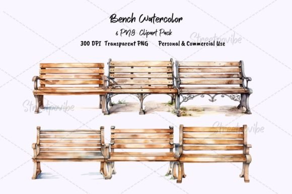 Wooden Bench Watercolor Clipart PNG Pack – Beautiful and Versatile Design Elements for Creative Projects